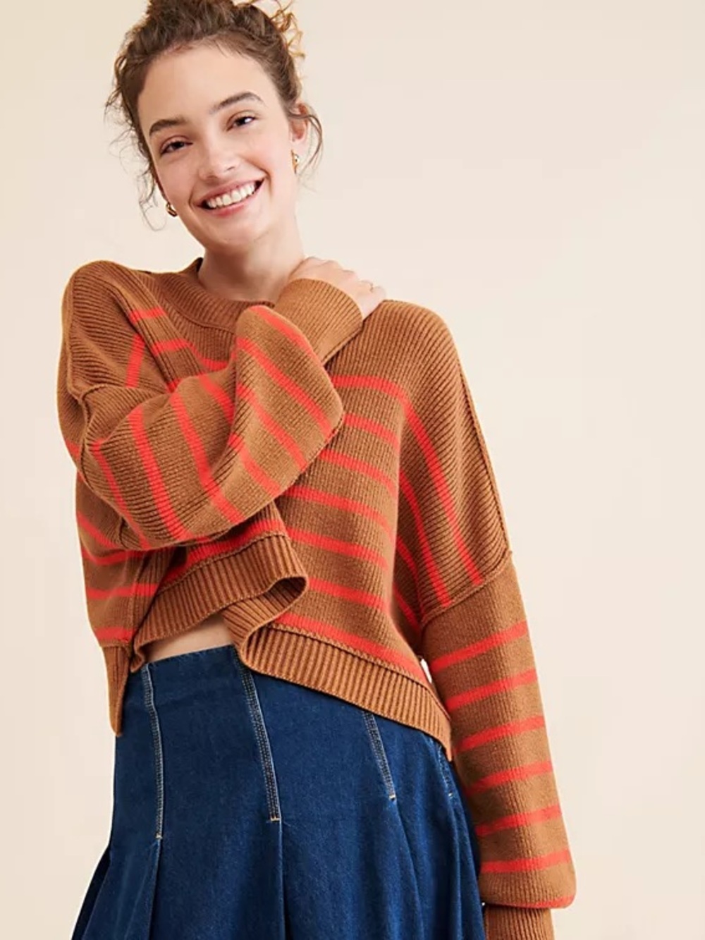 Free People Cropped Easy Street Stripe Pullover | Brown & Pink